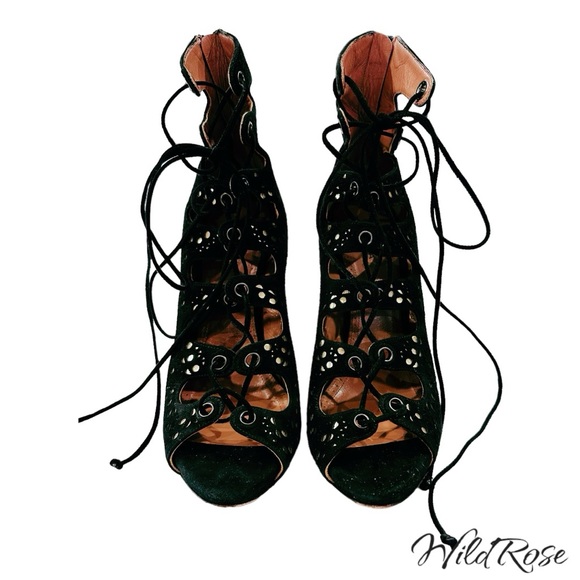 ALAIA AZZEDINE LASER CUT OUT BLACK SUEDE  GLADIATOR BOOTIE HEELS SZ 37.5 - Picture 5 of 17
